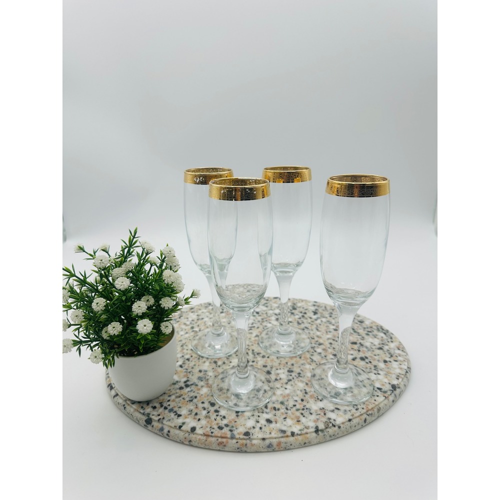 Vintage Gold Encrusted Rim Champagne Glasses Flutes Set of 4 Hollywood Regency